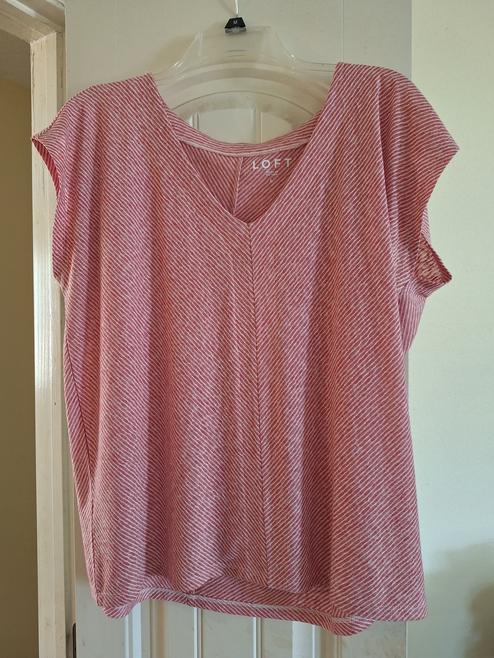 LOFT Pink Diagonal Stripe Short Sleeve V-Neck Top